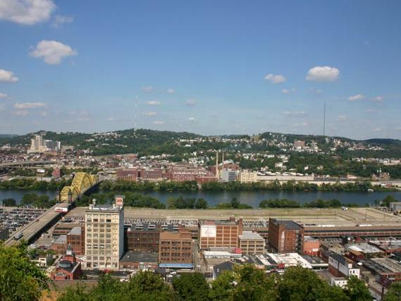 The appearance of the neighborhood urban forest cover of the Strip District and East Pittsburgh is pictured as seen from Bedford Hill looking toward the David McCullough Bridge
