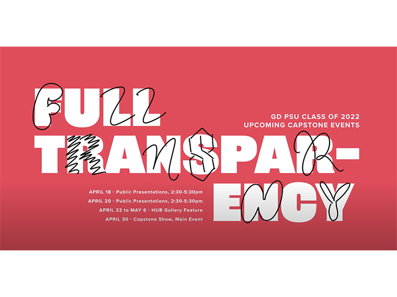 Promotional text for the Full Transparency exhibition in bold white text on a red background.