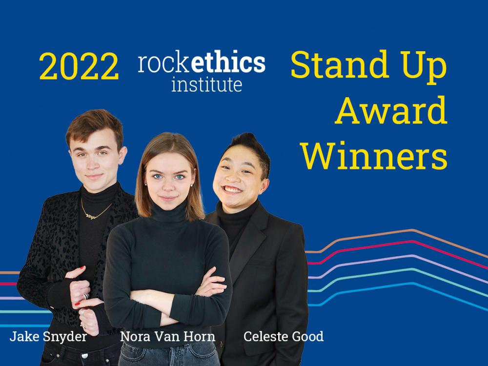 Stand Up Awards poster featuring the three 2022 winners