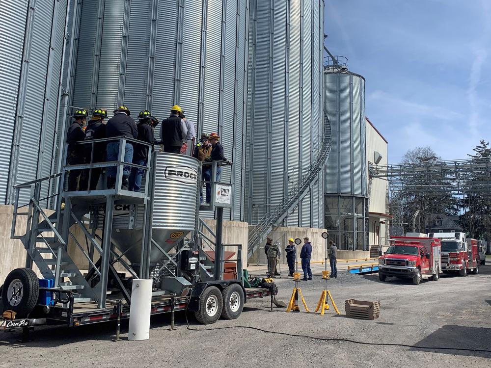 First responders receive training on grain bin rescue using a Penn State Extension simulator.