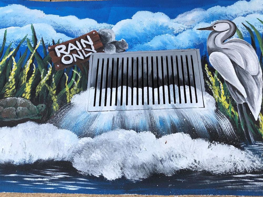 A mural painted around a storm drain depicts aquatic habitat where stormwater can flow