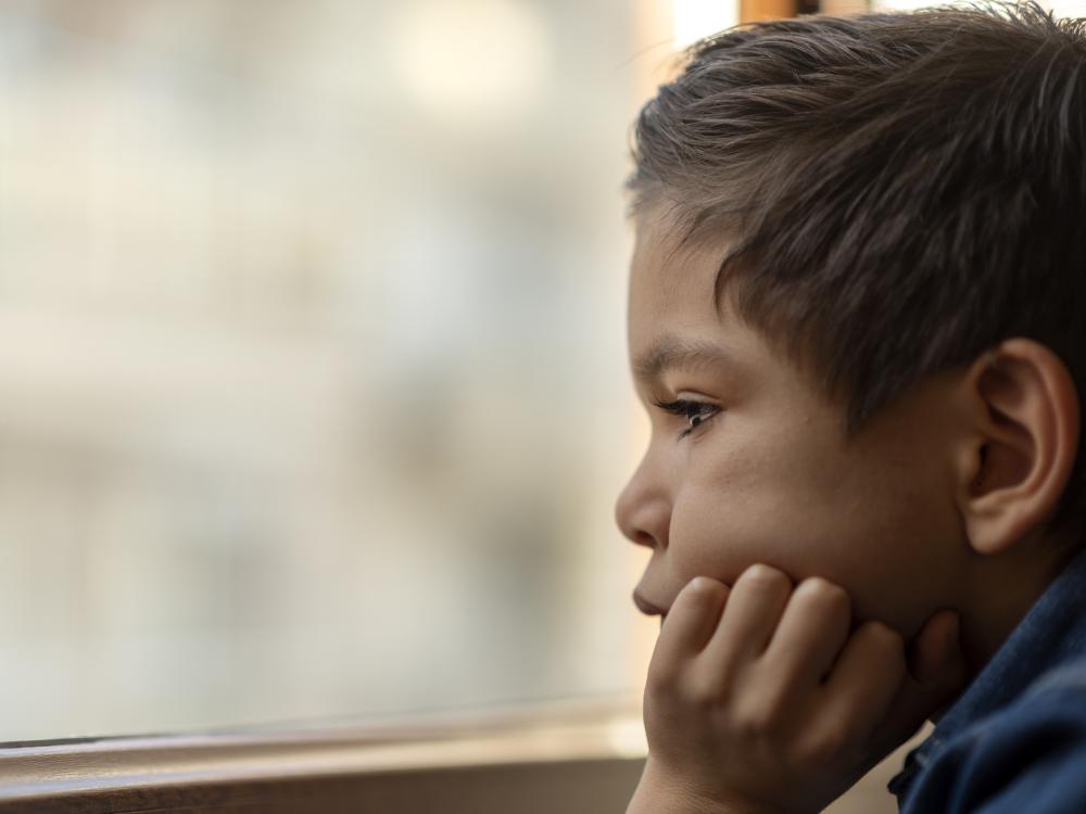 A young boy sits with his head in his hand, looking out a window