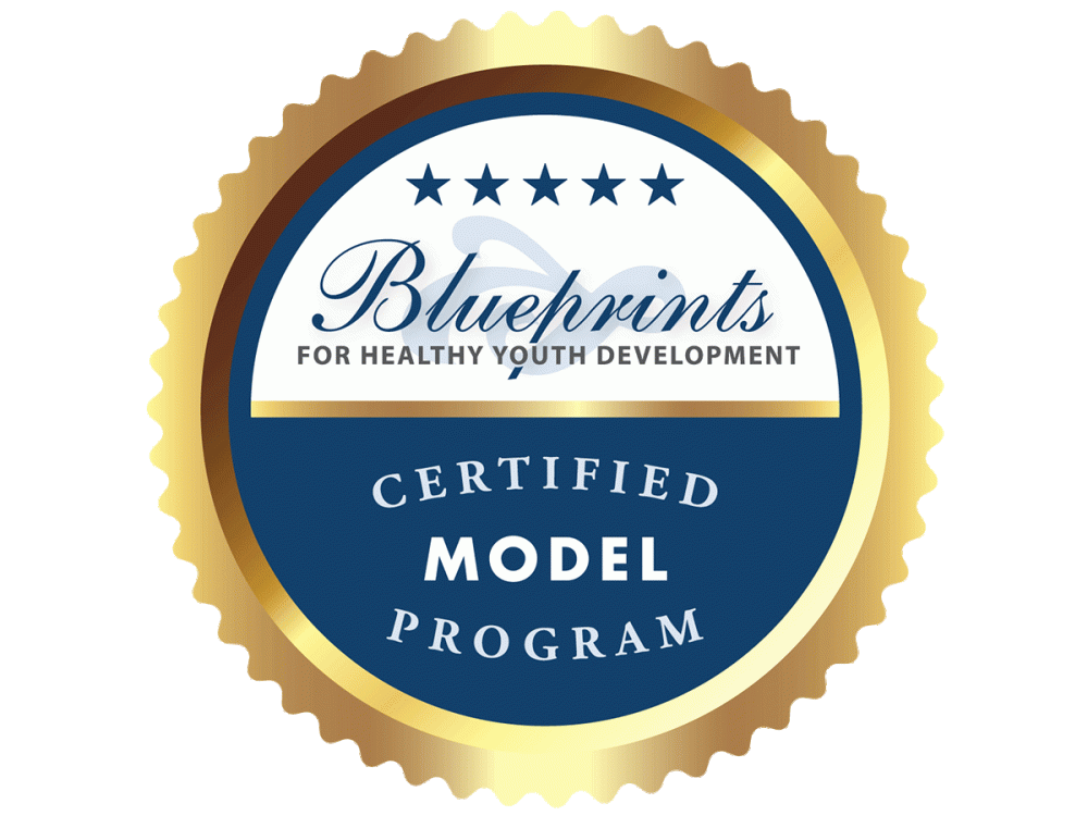 Gold seal that says Blueprints for Healthy Development Certified Model Program