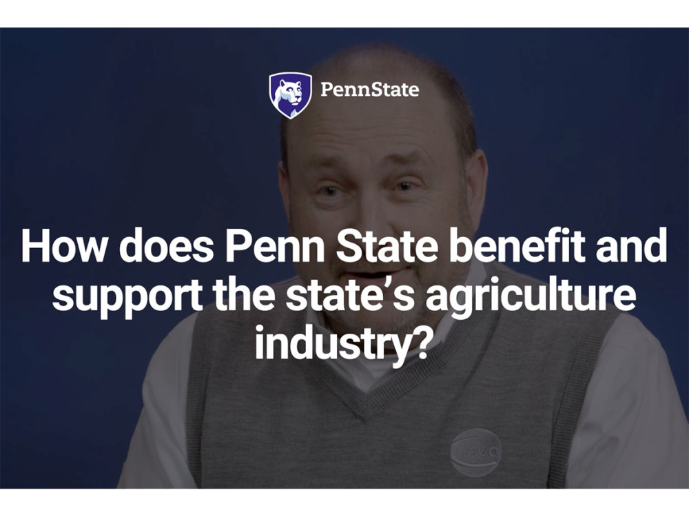 An image of Jim Shirk overlaid with the Penn State mark and the words "How does Penn State benefit and support the state's agriculture industry?"