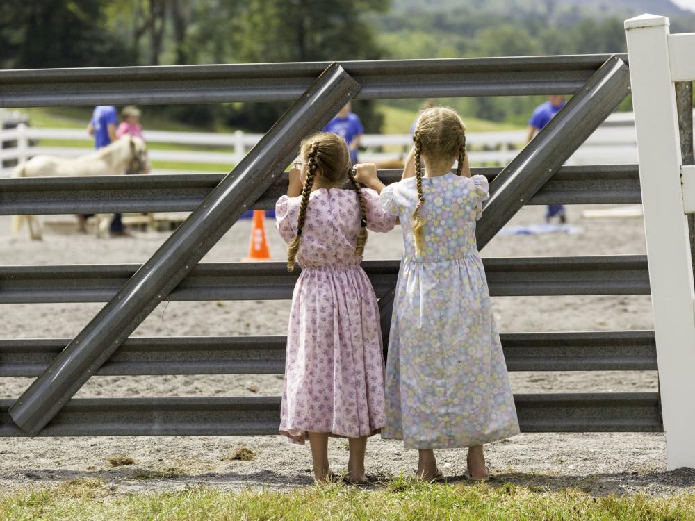 Two girls watch miniature horses through a gate at 2019 Ag Progress Days
