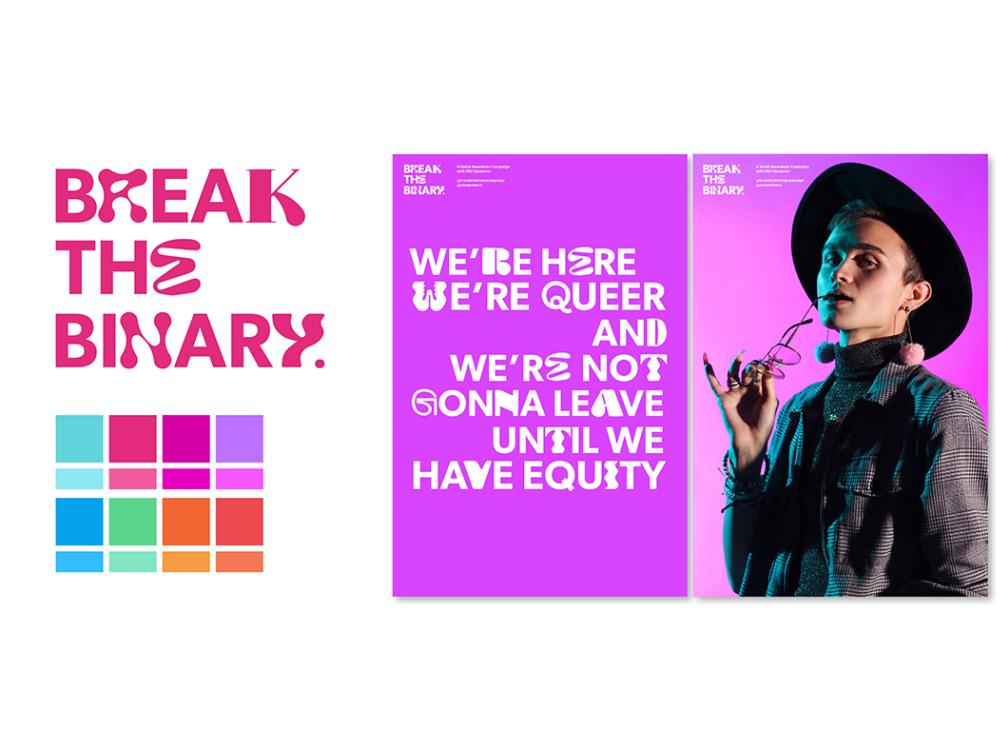 Break the Binary promotional text next to an image of person in a hat biting on a pair of glasses.