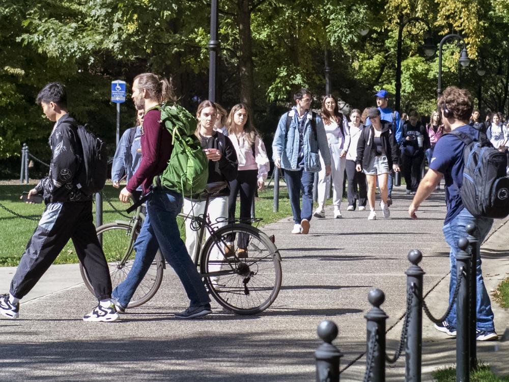 Students walking near Willard Building