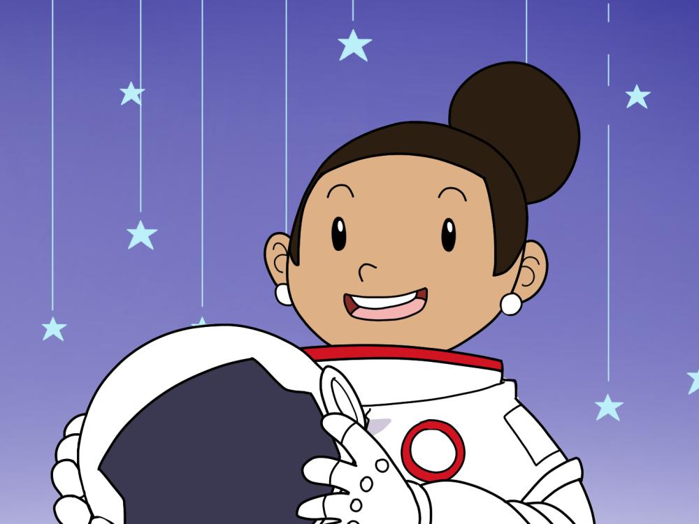 Cartoon of woman in astronaut gear