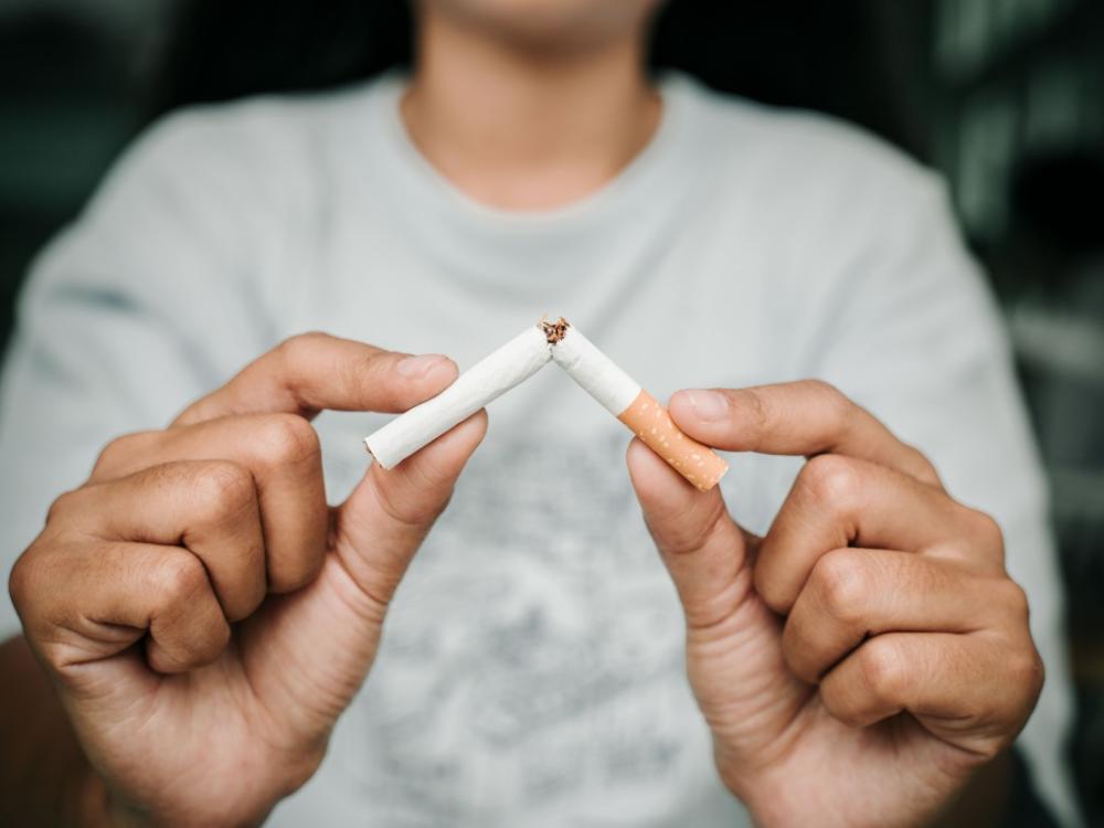 A person breaks a cigarette in half with their hands.