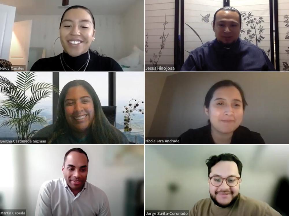 six image collage of smiling student faces as seen on videoconferencing software