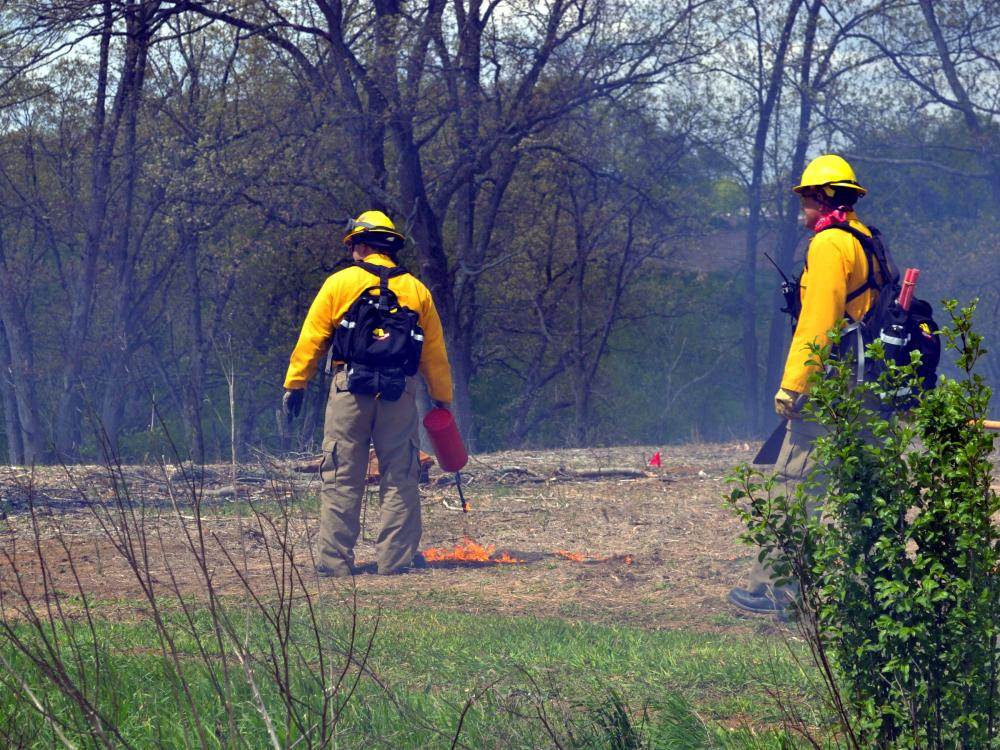 Crew members monitor a prescribed burn at the Arboretum at Penn State