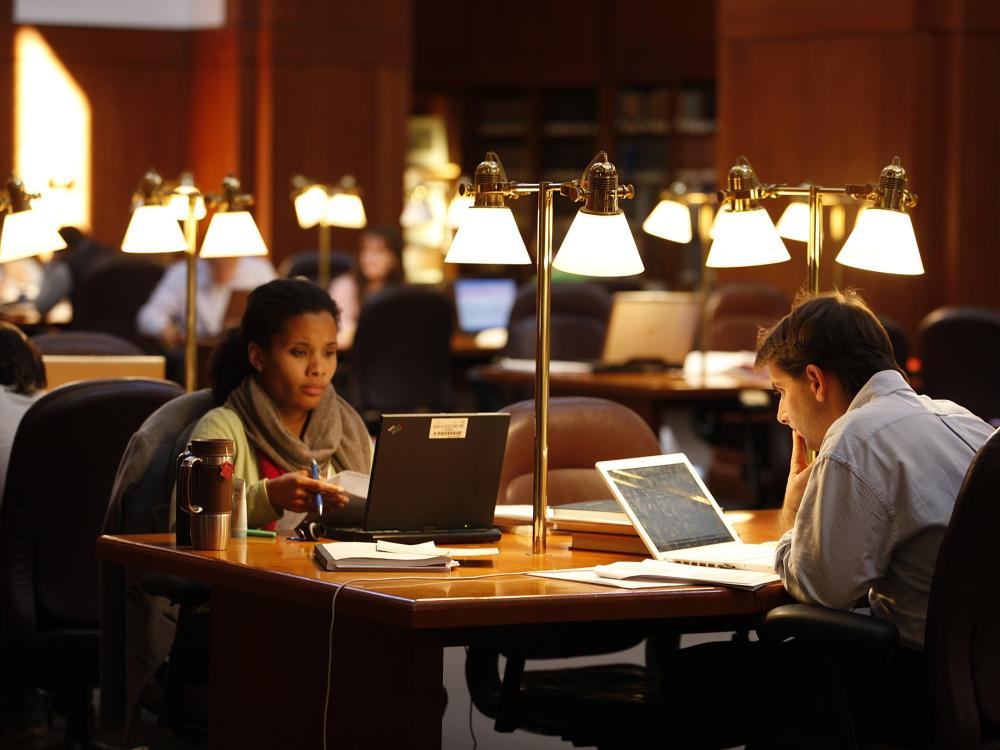 Two people working at laptops in a large, elegant library room