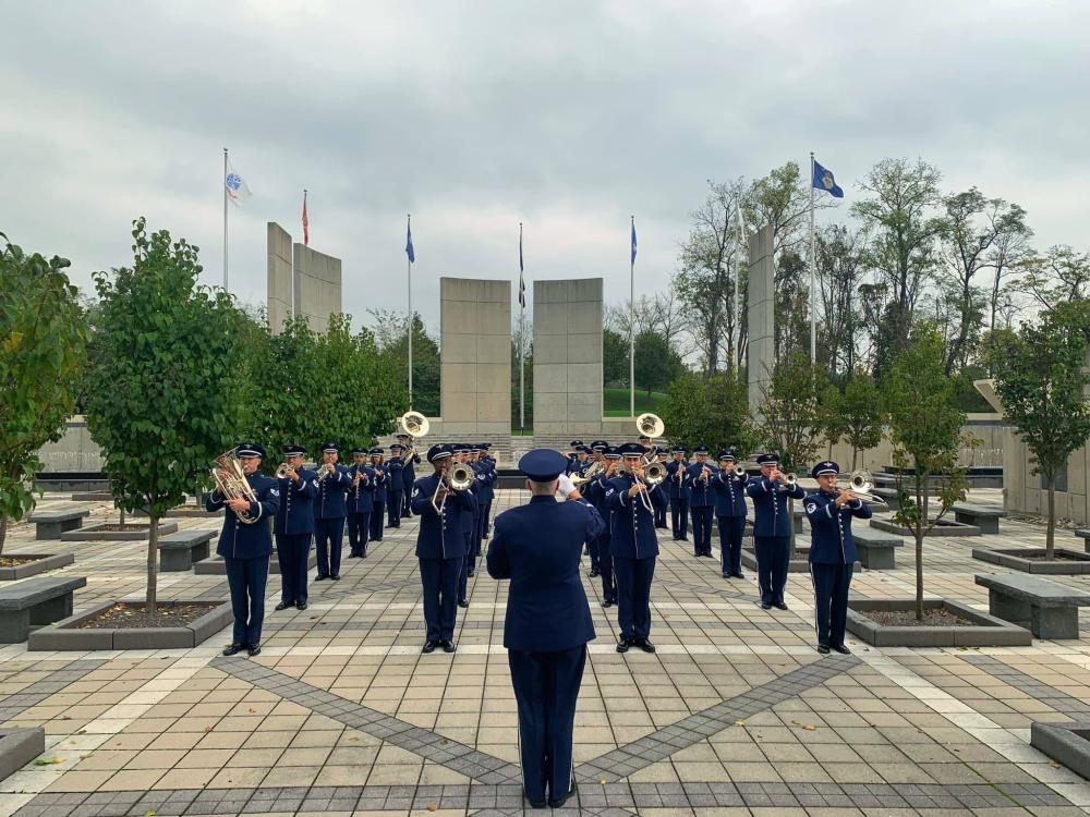 The Pennsylvania Air National Guard Band of the Northeast playing their musical instruments at Annville, Pa.