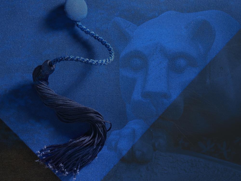 Graphic of Lion Shrine and Graduate Cap