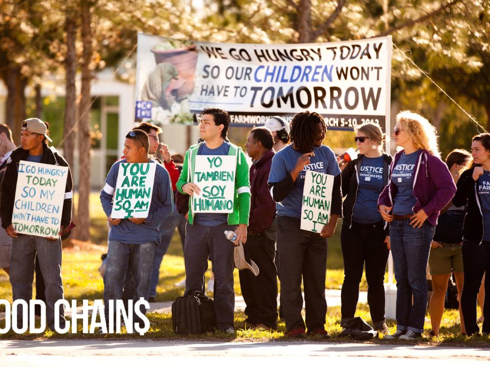 Photo of striking workers from film "Food Chains"