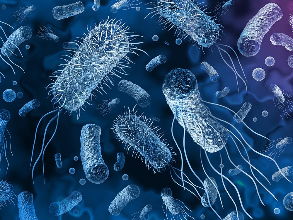 A blue and purple illustration of bacteria and antibiotics.   