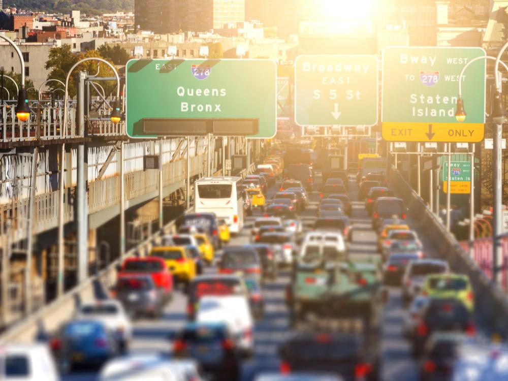 Traffic lined up going into New York City. 