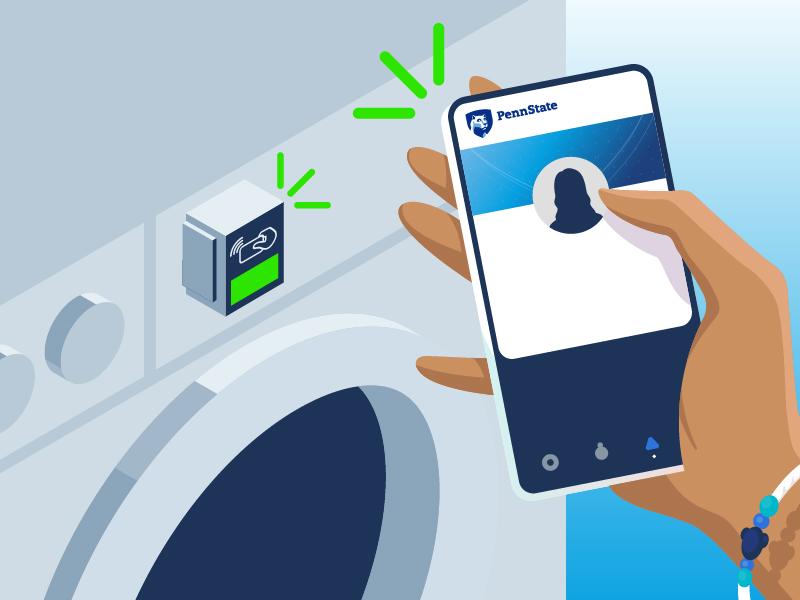 Vector image of student using mobile id+ card to pay laundry machine