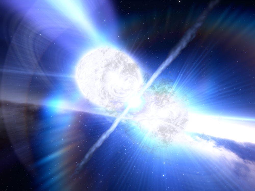 A graphic of the explosion caused by the collision of two stars