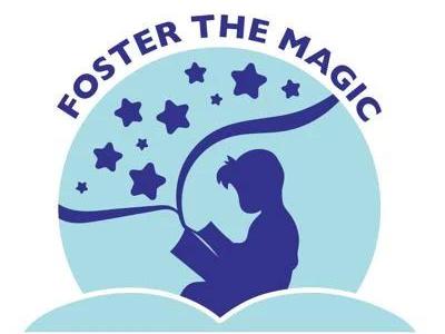 graphic of child reading on blue background with dark blue stars above the words Foster the Magic