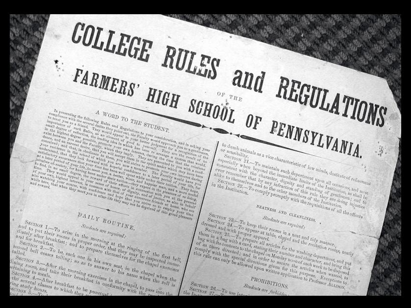 A document with the header College Rules and Regulations of the Farmers' High School of Pennsylvania