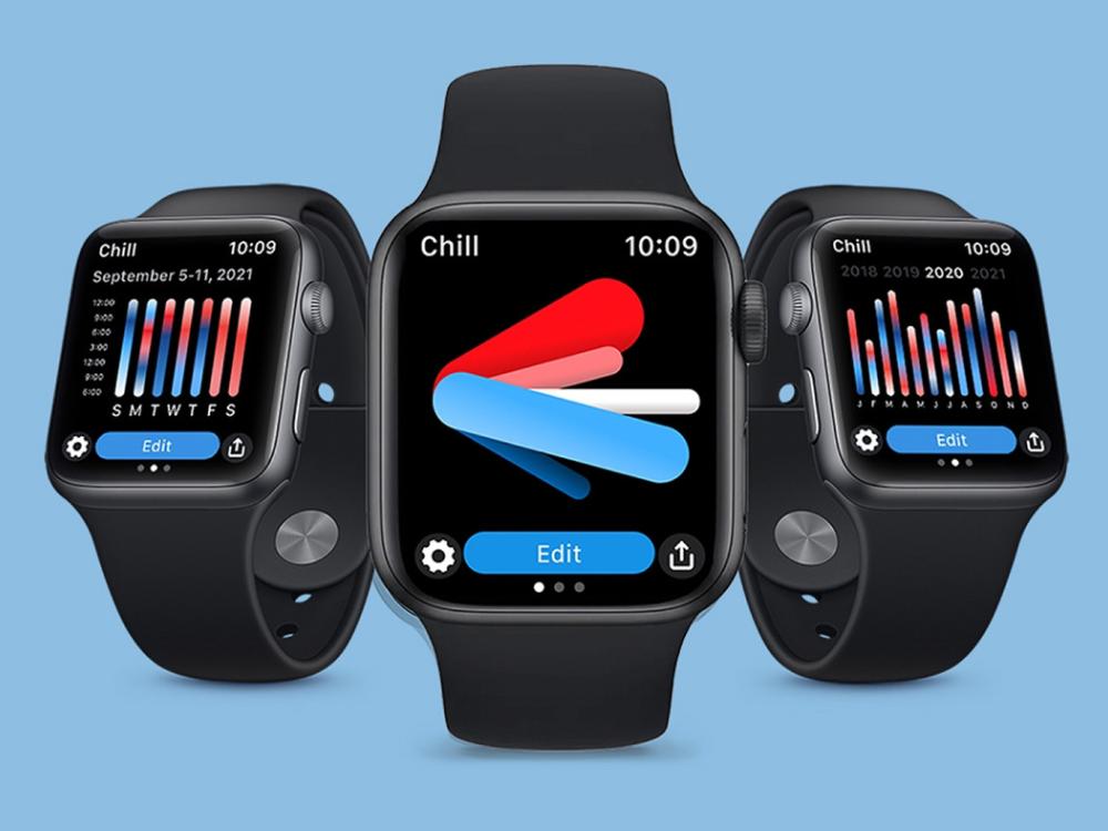 Three black smart watches on a blue background with the Chill app opened to a different screen on each. 