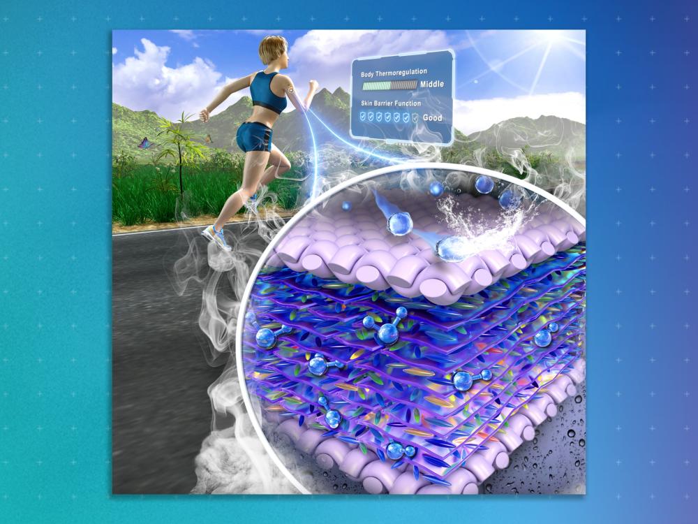 Illustration of running woman with short blonde hair and teal athletic gear. Graphic zoom-out of biosensor to measure sweat.