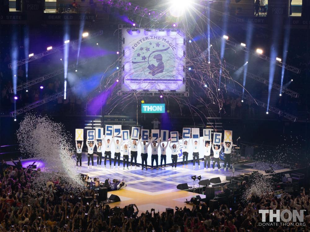  THON dancers celebrate a record-breaking $15,006,132.46 raised to support the fight against childhood cancer.