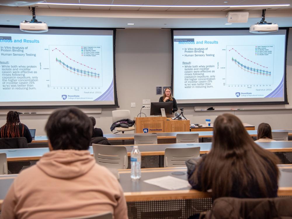 Students field questions during the undergraduate research internship program's culminating symposium.