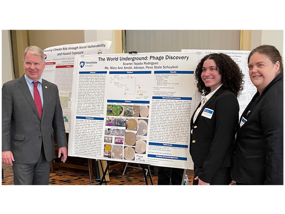 Pennsyvlania state senator David Argall pictured with student Scarlet Tejada Rodriguez and her faculty mentor Mary Ann Smith