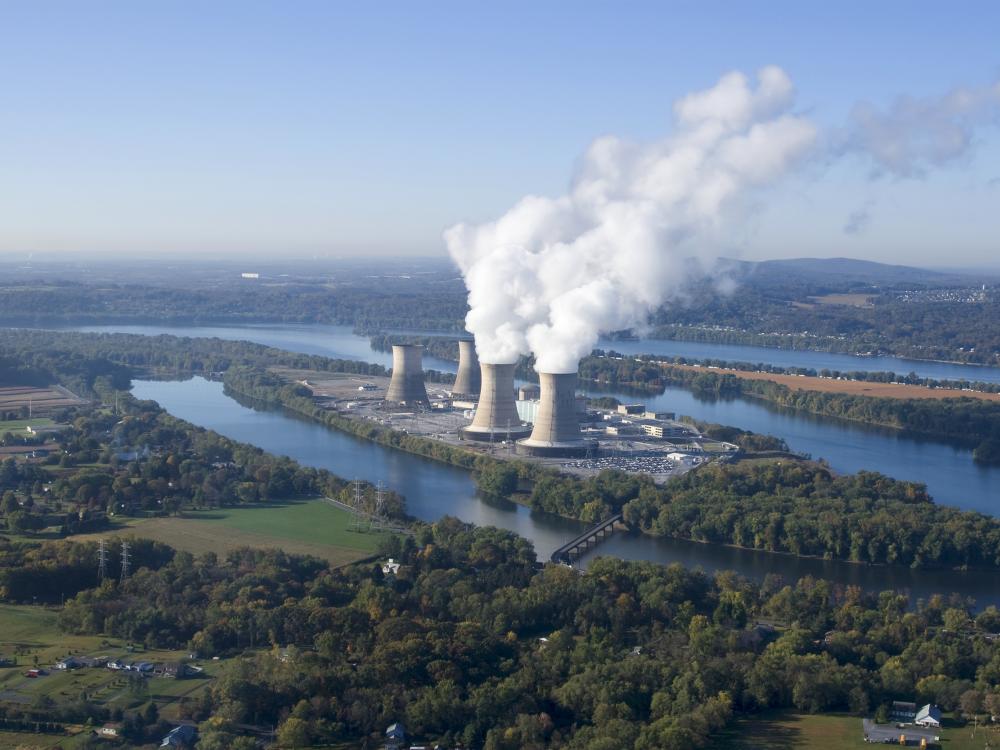 Aerial view of nuclear power plant.