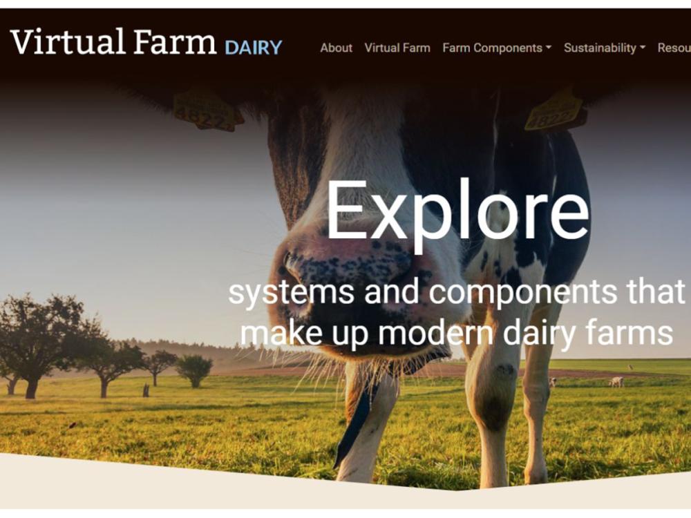 Homepage for virtual farm website, featuring a picture of a cow and the text "Explore systems and components that make up modern dairy farms."