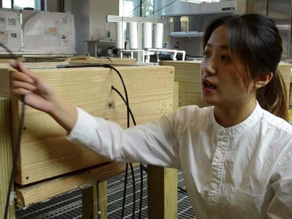 Rui Wang is shown demonstrating her research in a lab. 