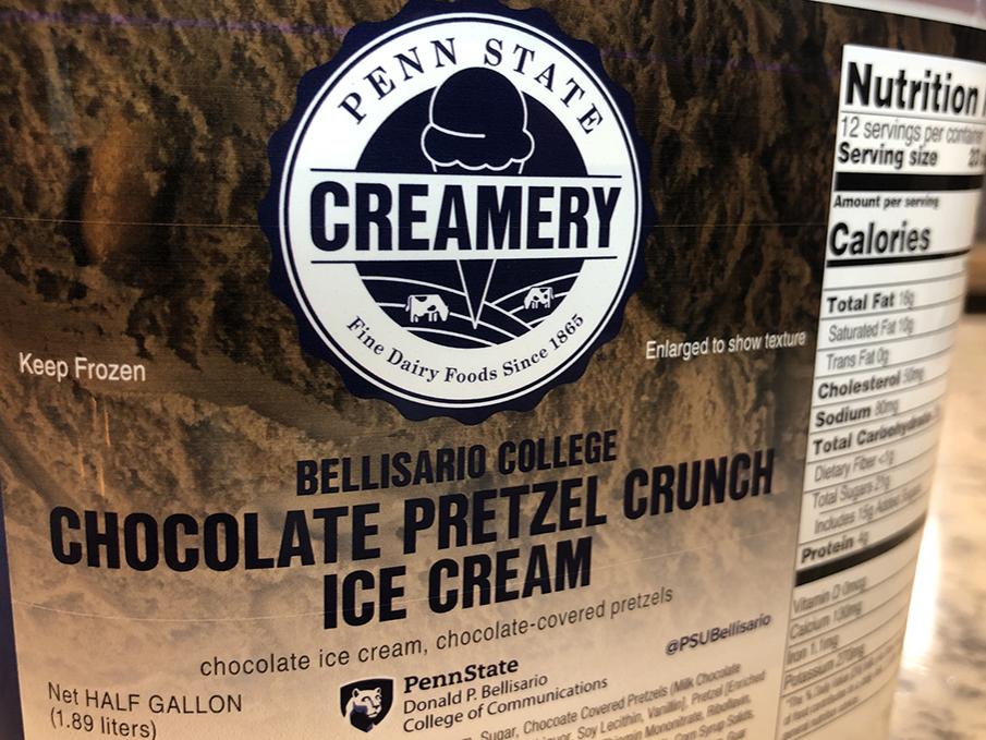 Creamery ice cream container for Bellisario College Chocolate Pretzel Crunch