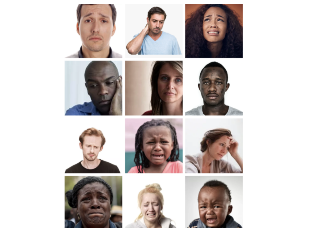 A grid of twelve faces of people