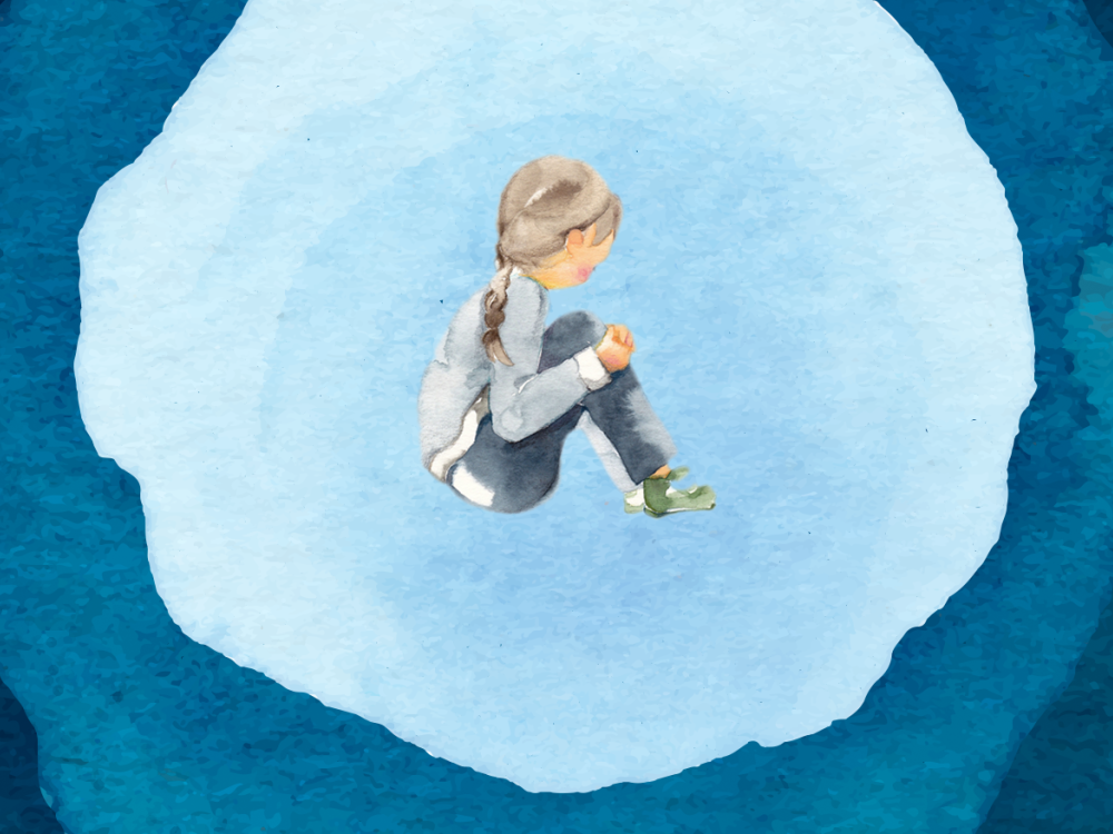 Watercolor image of lonely or hurt child on blue background