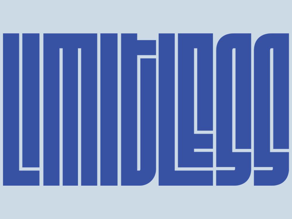 A wordmark for the Limitless exhibition featuring the word Limitless in dark blue print on a light blue background.