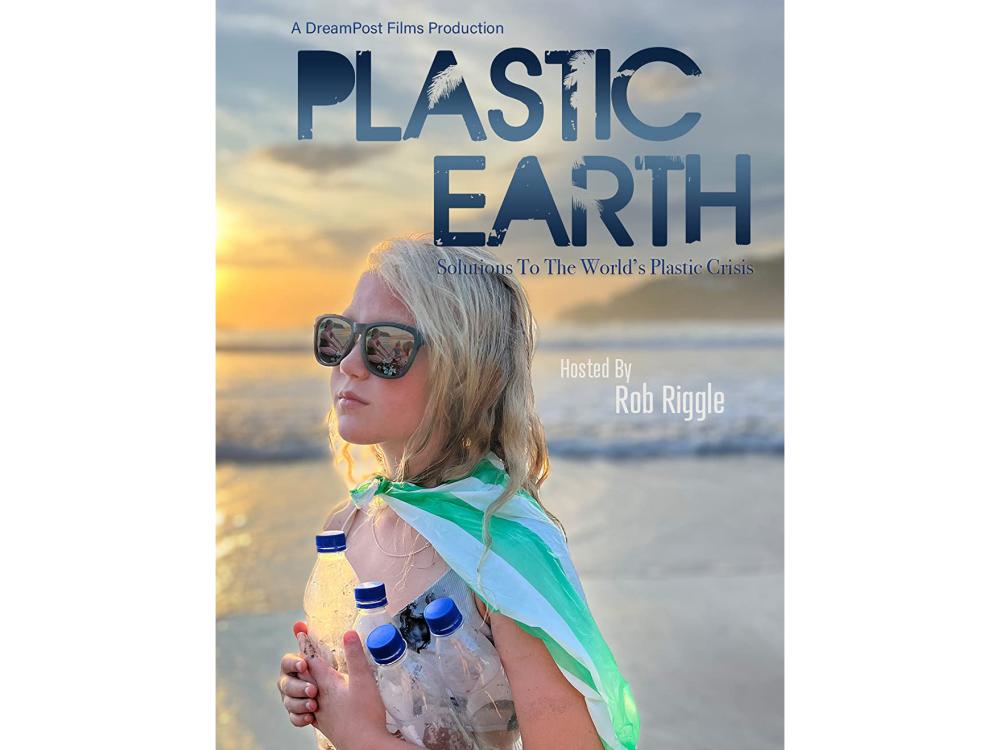 Movie poster for the Plastic Earth Documentary showing a young girl holding plastic bottles on the beach