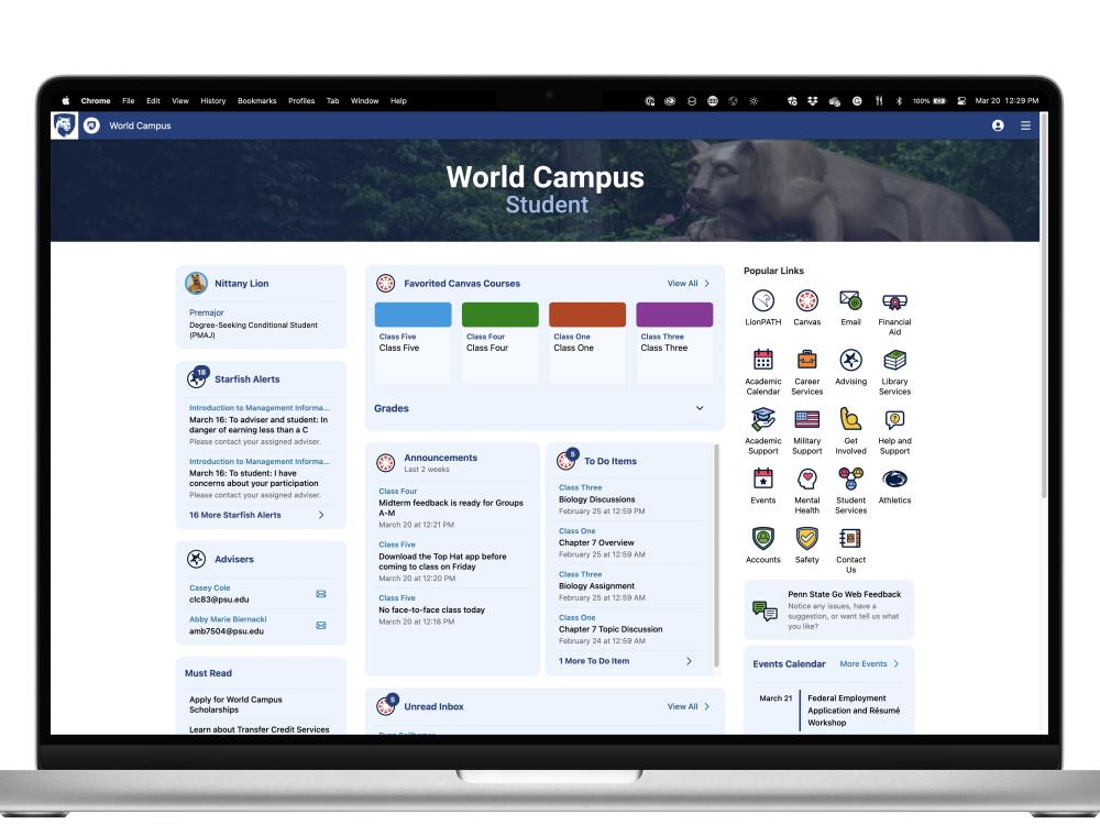 A laptop showing the Penn State Go Web version for World Campus students