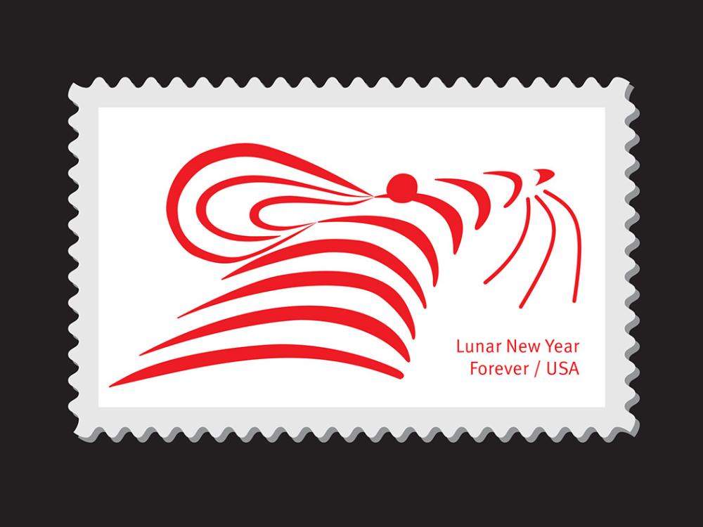 A postage stamp designed like the face of a rat in red stripes with the words Lunar New Year Forever / USA in red on a white background.