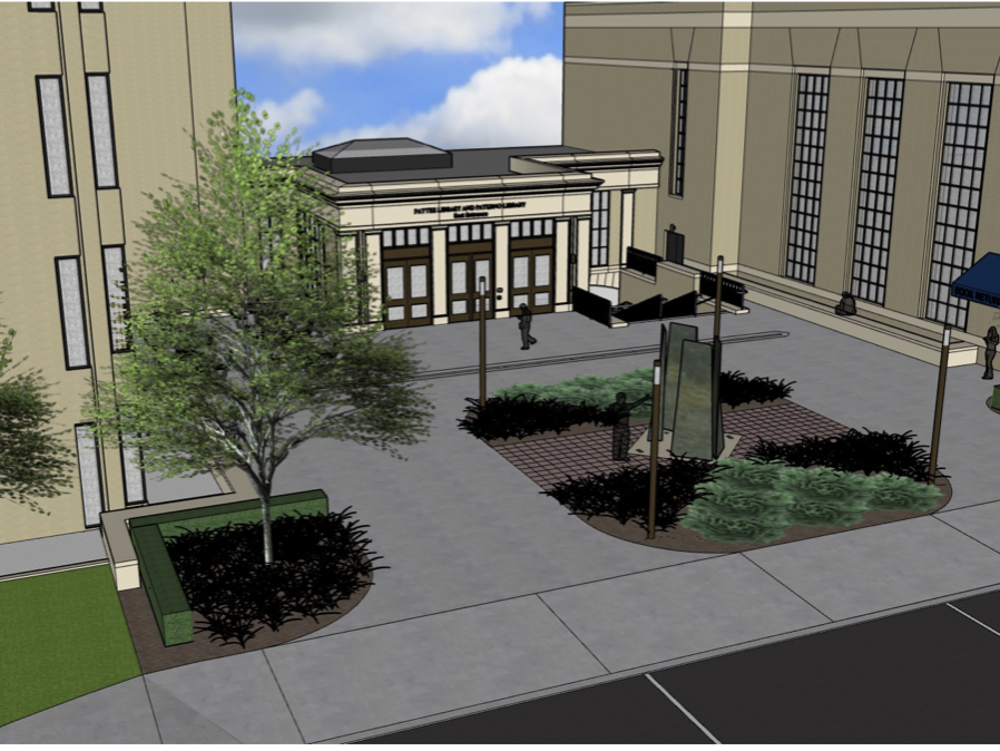 completed construction project rendering showing new sidewalk, moved sculpture, new landscaping