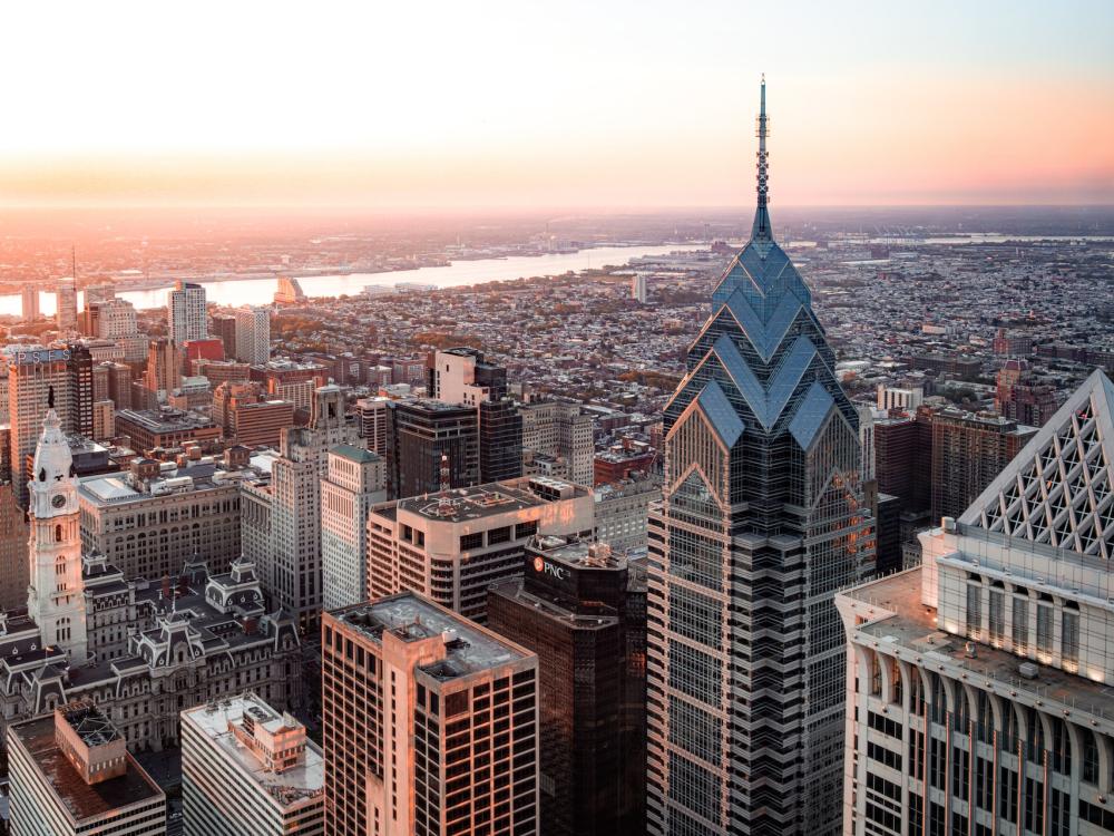 Aerial view of skyscrapers in Philadelphia, PA