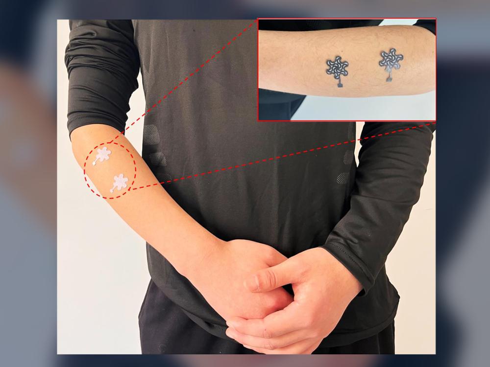 Two sensors on a forearm, with a smaller image showing the sensors up close