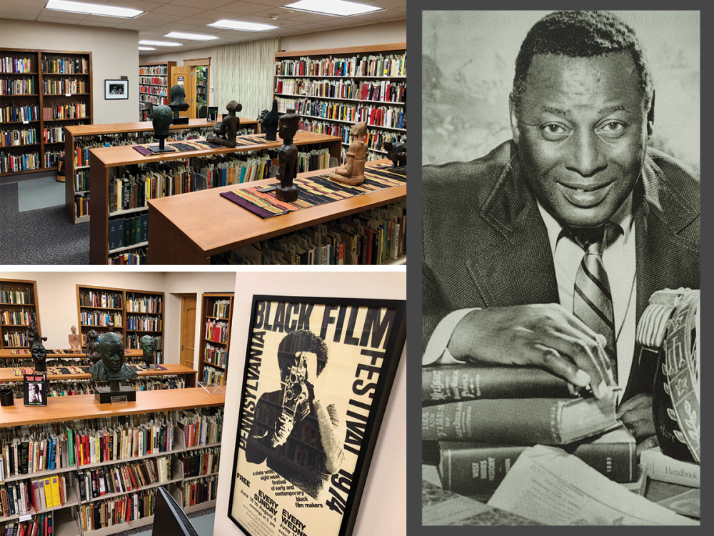 photo collage of room filled with books and sculptures, man with hand on stack of books