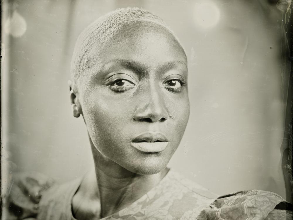 A black and white tintype photo of a person, titled Shannon, by artist Elana Volkova