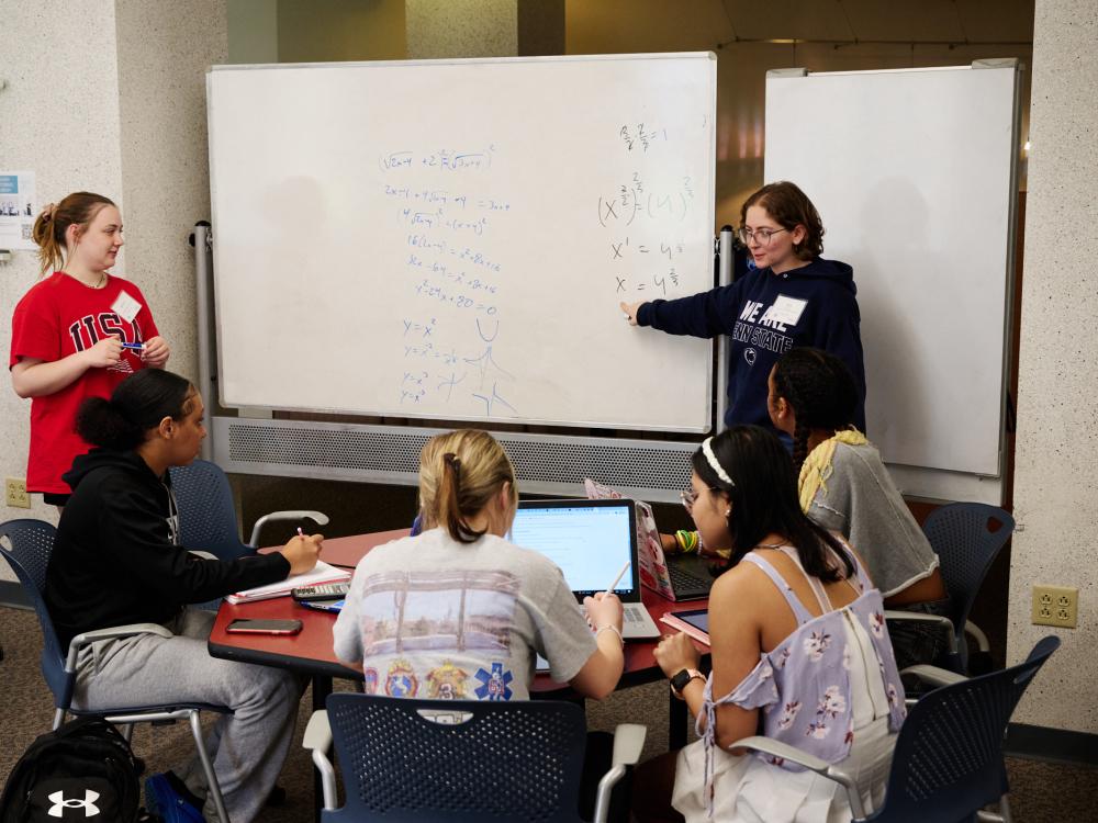 Study group leader presenting to group in front of whiteboard