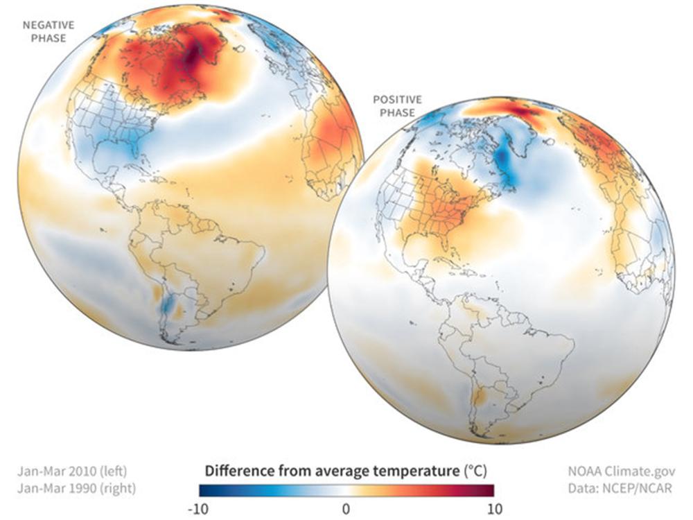 Late winter temperatures compared to the 1981-2010 average when the North Atlantic Oscillation (NAO) was strongly negative (top, Jan-March 2010) and when it was strongly positive (bottom, January-March 1990).