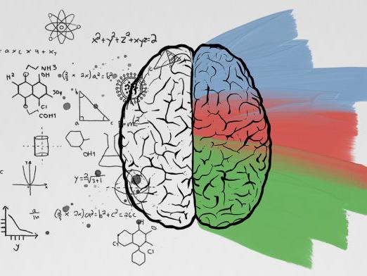 An image of a brain, with formulas, graphed mathematical functions, molecular structures, and other scientific diagrams on one side, and artistic blue, red, and green brush strokes on the other