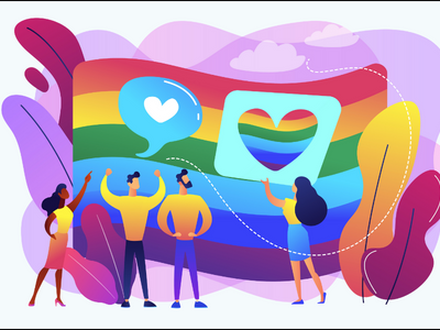 illustration of standing people looking up at very large rainbow-stripe flag and one holding sign with rainbow heart 