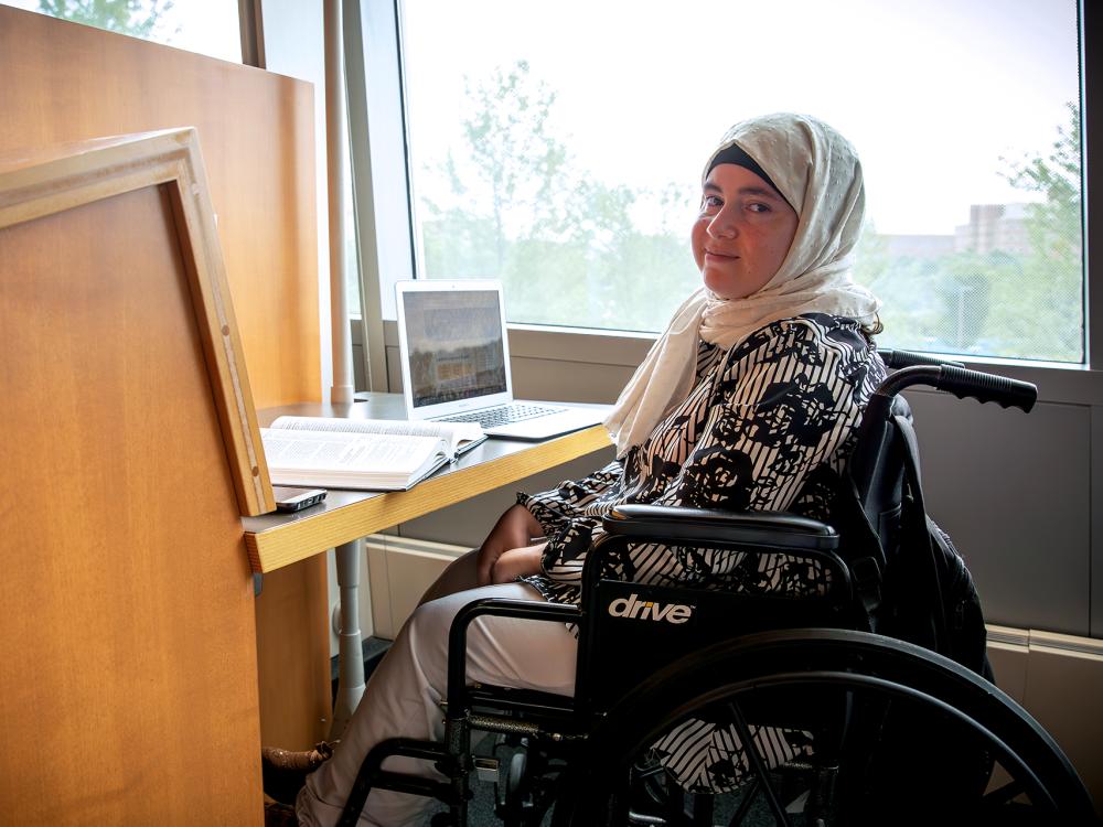 SIA student Haneen Shaath studying in the Montague Library in the Lewis Katz Building.
